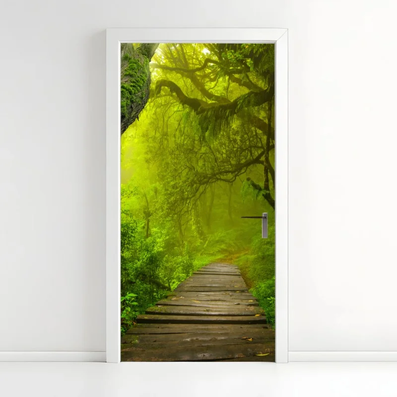Pegatina para puerta sendero místico en la selva verde