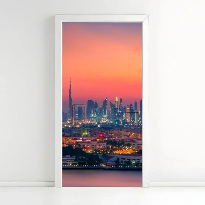 Pegatina para puerta atardecer en el horizonte de Dubái