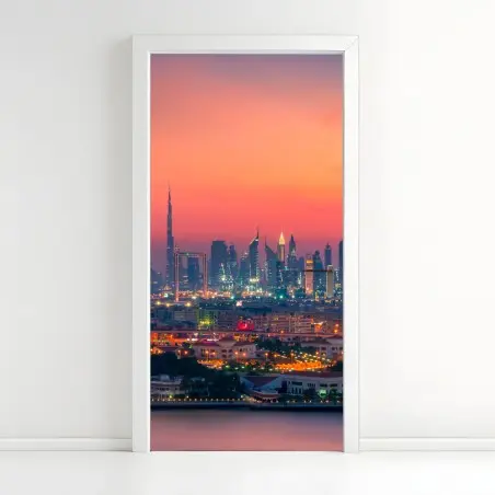 Pegatina para puerta atardecer en el horizonte de Dubái – Pixers®