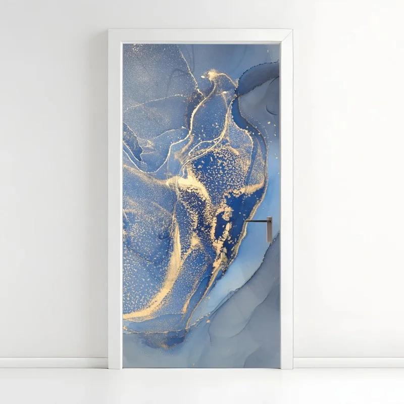 Pegatina para puerta abstracción oceánica en azul y dorado