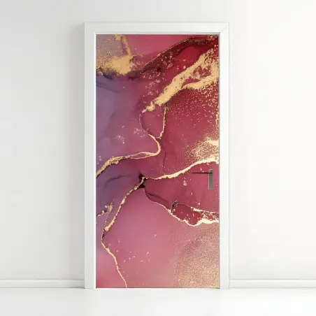 Pegatina para puerta marmoleado abstracto en tonos rosa y turquesa con vetas doradas – Pixers®