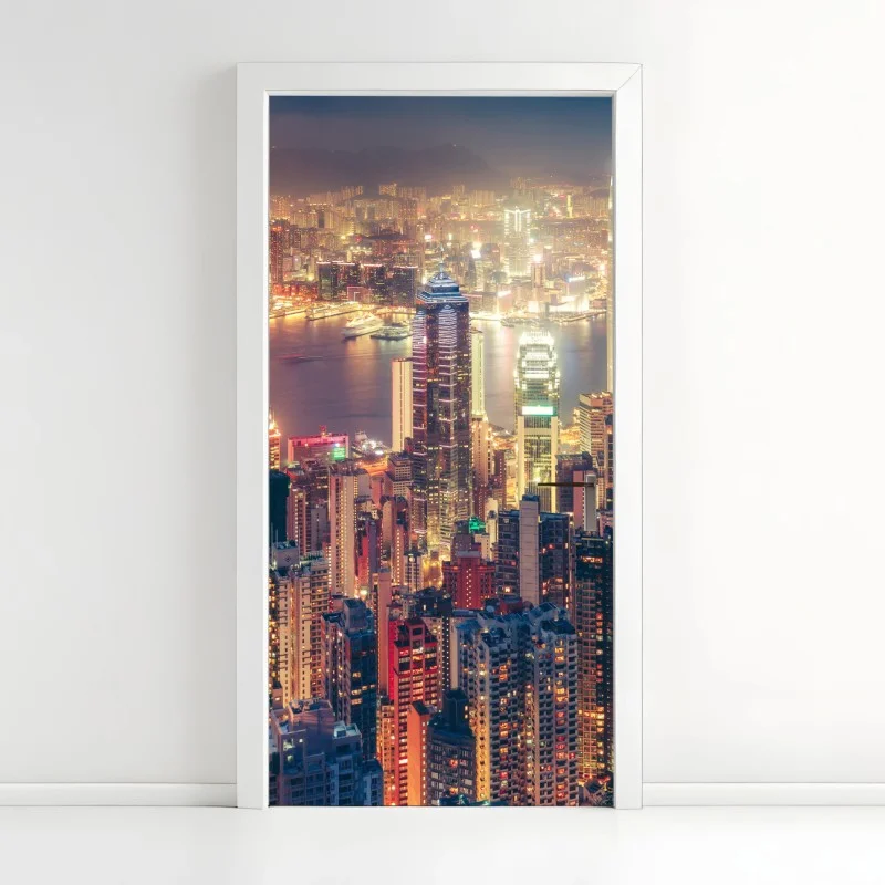 Pegatina para puerta luces nocturnas de Hong Kong desde Victoria Peak