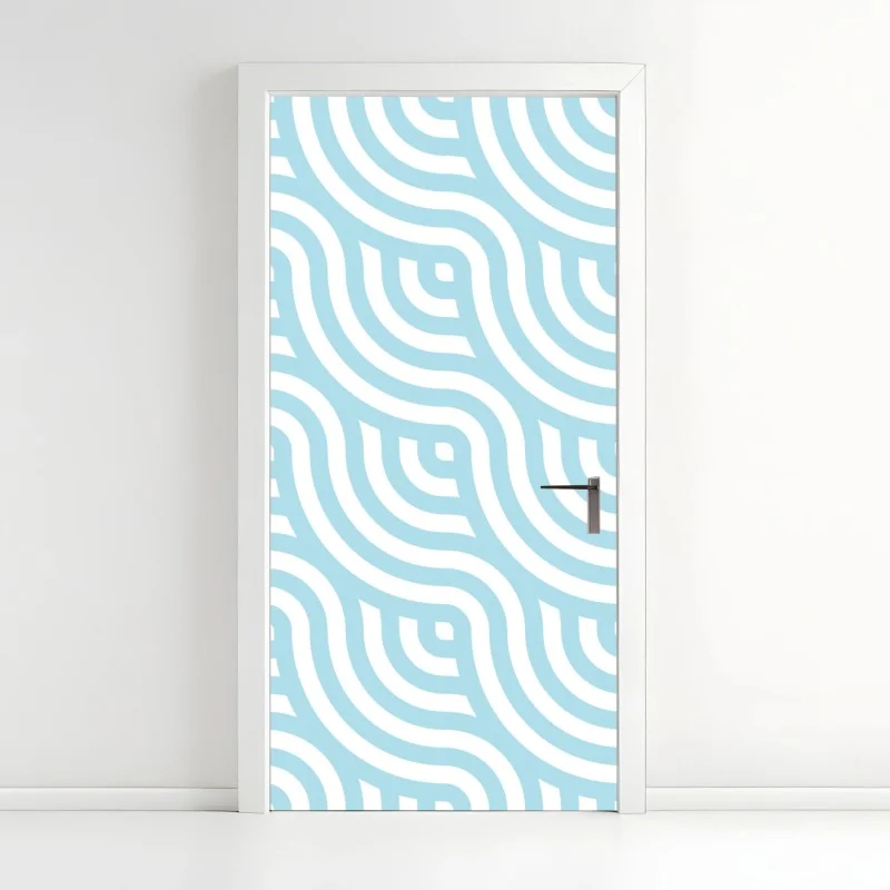Pegatina para puerta patrón ondulado geométrico en azul y blanco