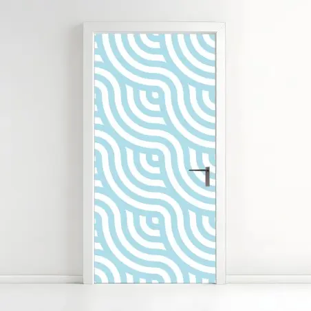 Pegatina para puerta patrón ondulado geométrico en azul y blanco – Pixers®