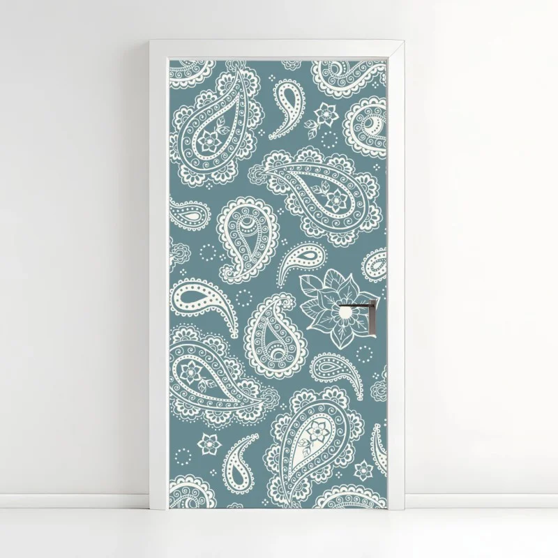 Pegatina para puerta patrón paisley bohemio en turquesa y blanco