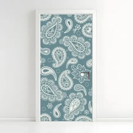 Pegatina para puerta patrón paisley bohemio en turquesa y blanco – Pixers®