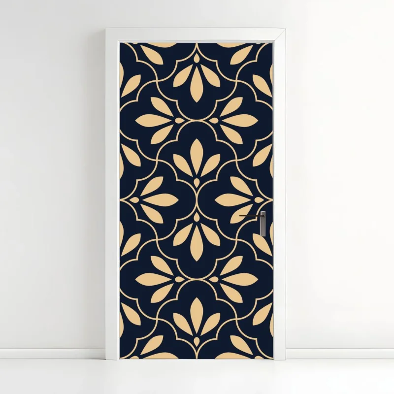 Pegatina para puerta patrón floral geométrico en azul marino y beige