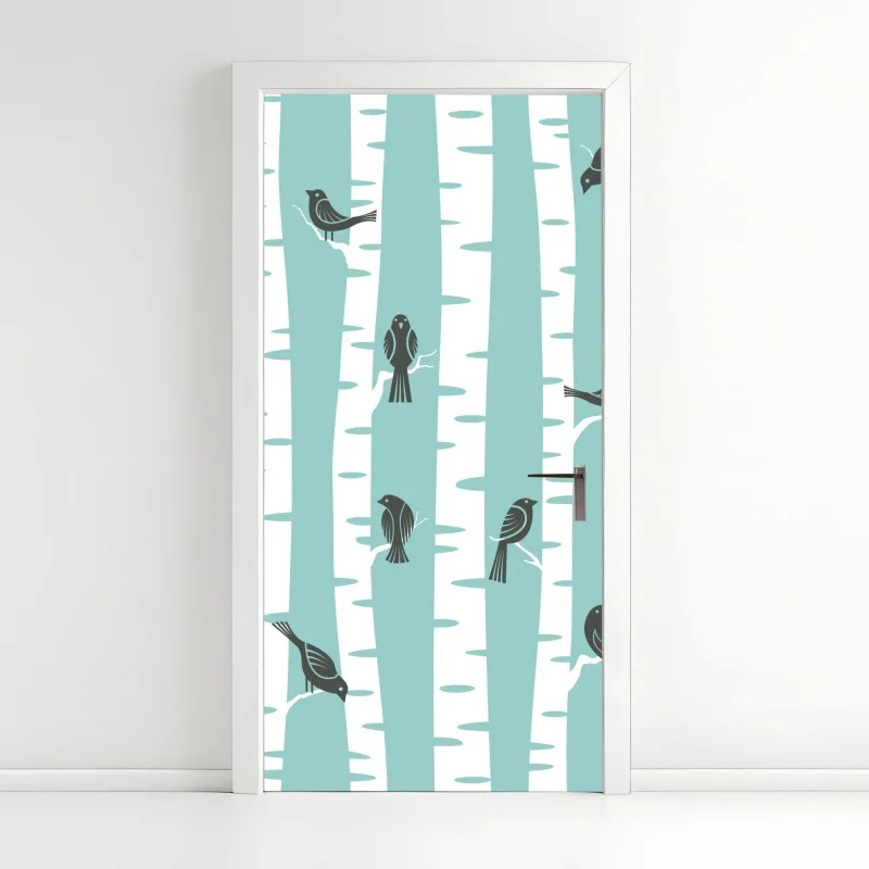 Pegatina para puerta patrón de abedules y pájaros en menta