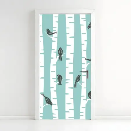 Pegatina para puerta patrón de abedules y pájaros en menta – Pixers®