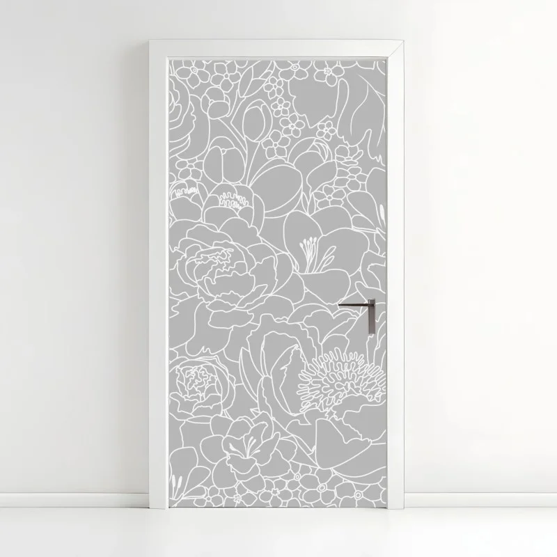 Pegatina para puerta patrón floral minimalista en tonos grises