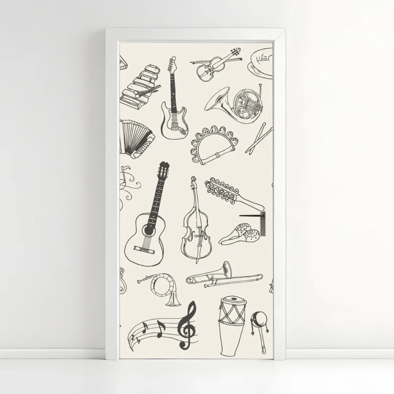 Pegatina para puerta patrón de instrumentos musicales dibujados a mano