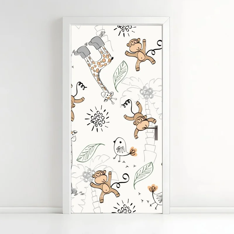 Pegatina para puerta patrón infantil de monos y jirafas