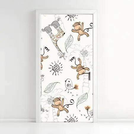 Pegatina para puerta patrón infantil de monos y jirafas – Pixers®