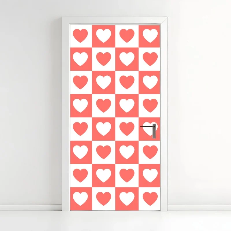 Pegatina para puerta patrón de corazones coral en damero