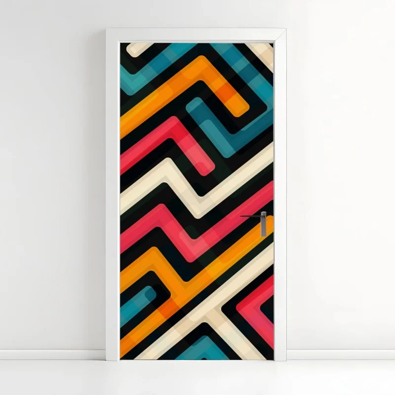 Pegatina para puerta diseño geométrico retro en colores vibrantes