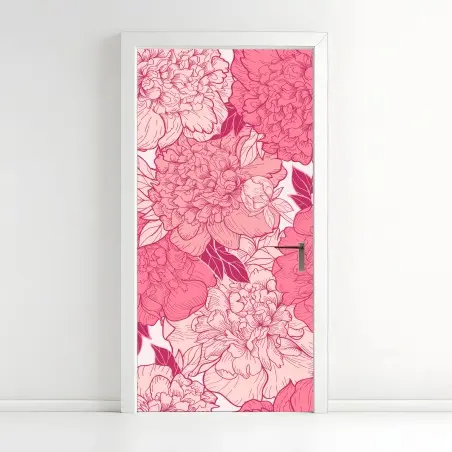 Pegatina para puerta diseño floral de peonías en tonos rosa – Pixers®