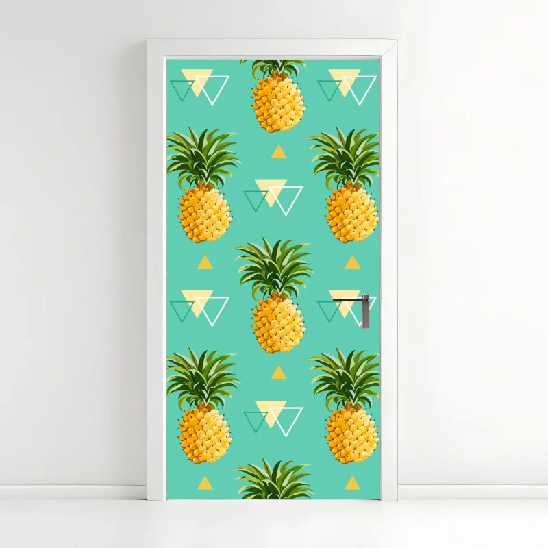 Pegatina para puerta patrón tropical de piñas sobre fondo turquesa