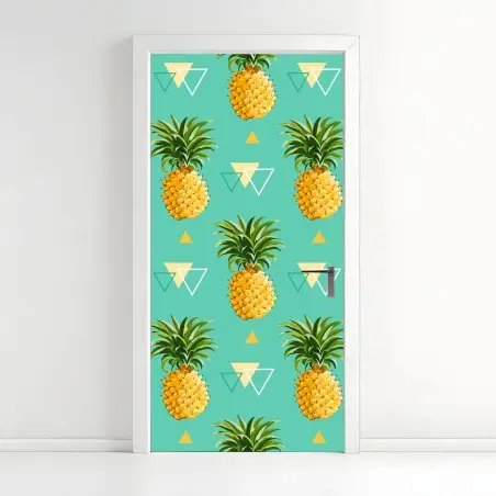Pegatina para puerta patrón tropical de piñas sobre fondo turquesa – Pixers®