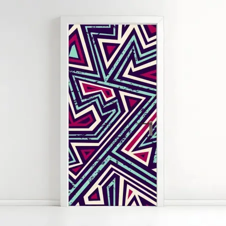 Pegatina para puerta patrón geométrico vibrante en tonos turquesa y magenta – Pixers®