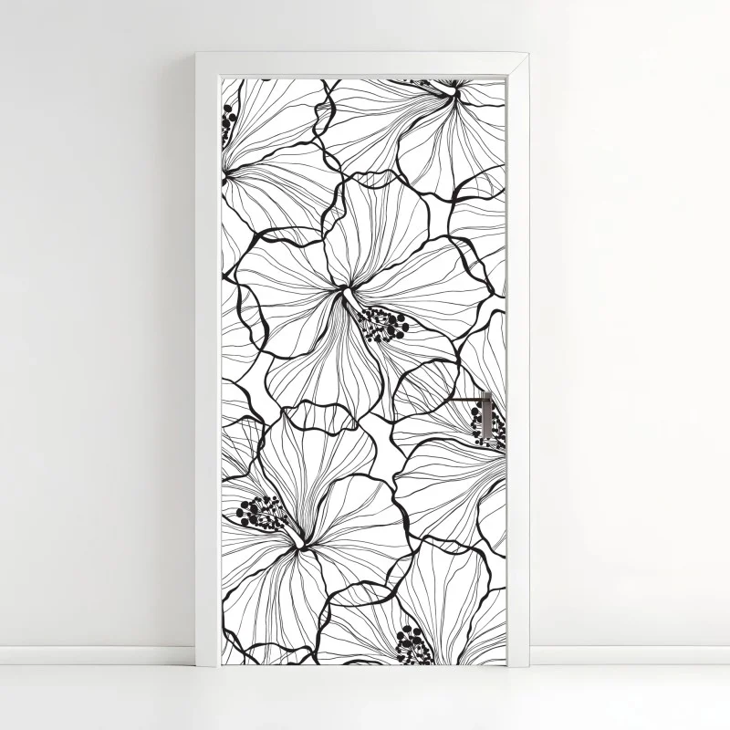 Pegatina para puerta patrón botánico de hibiscos en blanco y negro