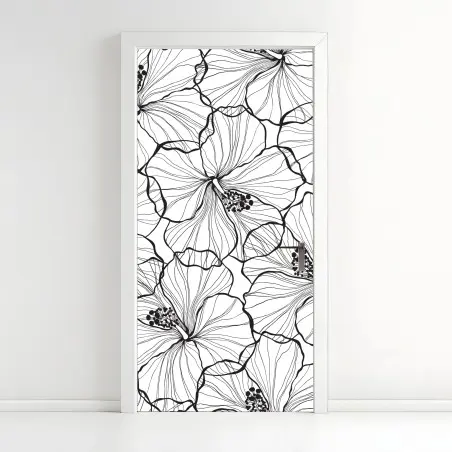 Pegatina para puerta patrón botánico de hibiscos en blanco y negro – Pixers®