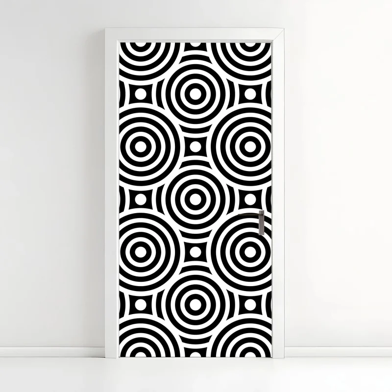 Pegatina para puerta patrón óptico de círculos concéntricos en blanco y negro