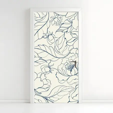 Pegatina para puerta motivo floral en líneas azul marino sobre fondo crema – Pixers®