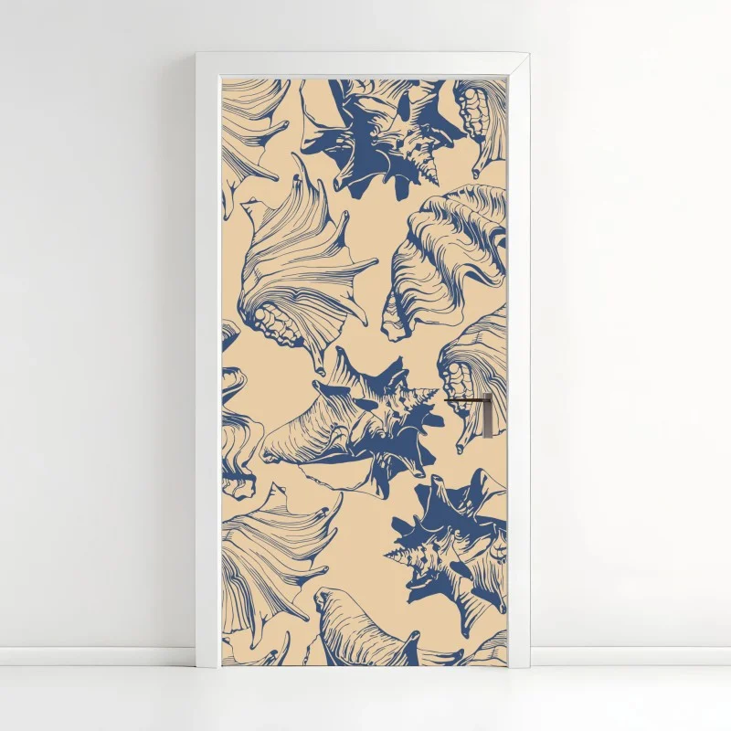 Pegatina para puerta patrón de conchas marinas en tonos azul y beige