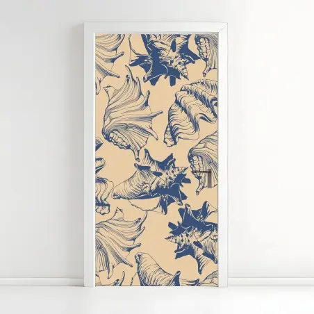 Pegatina para puerta patrón de conchas marinas en tonos azul y beige – Pixers®