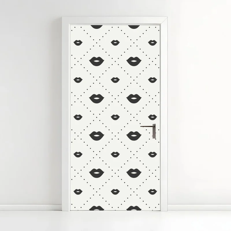 Pegatina para puerta patrón de labios minimalista en blanco y negro