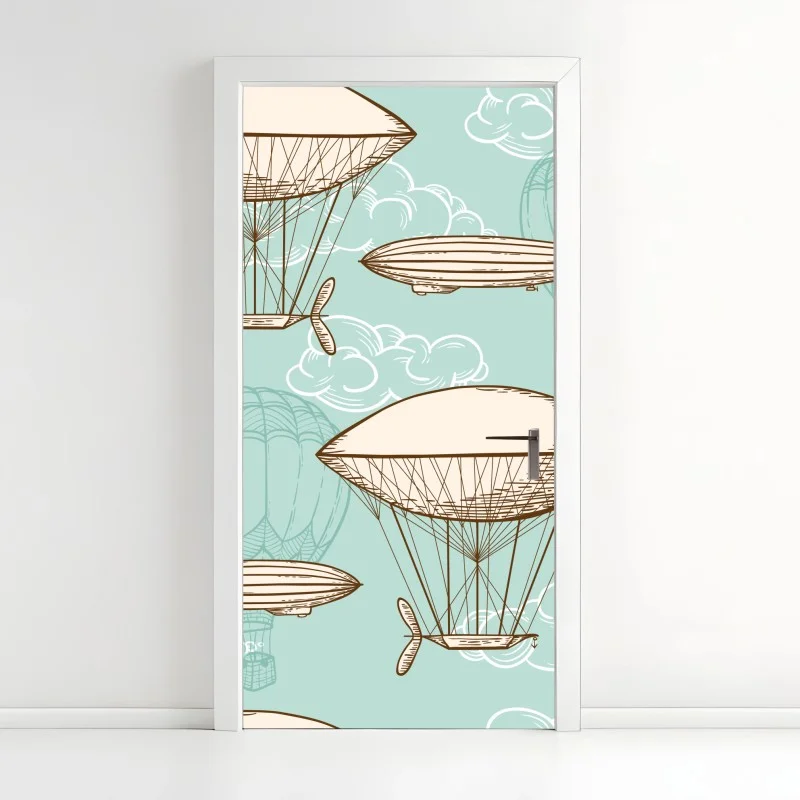 Pegatina para puerta diseño retro de globos aerostáticos y dirigibles sobre fondo turquesa