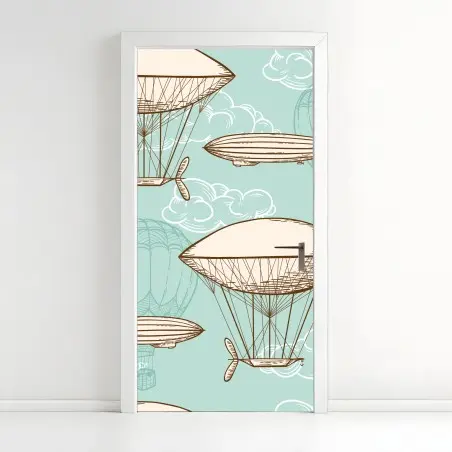 Pegatina para puerta diseño retro de globos aerostáticos y dirigibles sobre fondo turquesa – Pixers®