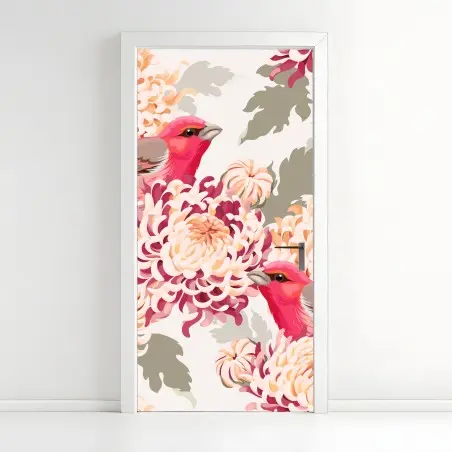 Pegatina para puerta crisantemos y aves en tonos rosados – Pixers®