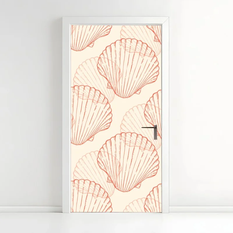 Pegatina para puerta patrón de conchas marinas en tonos coral