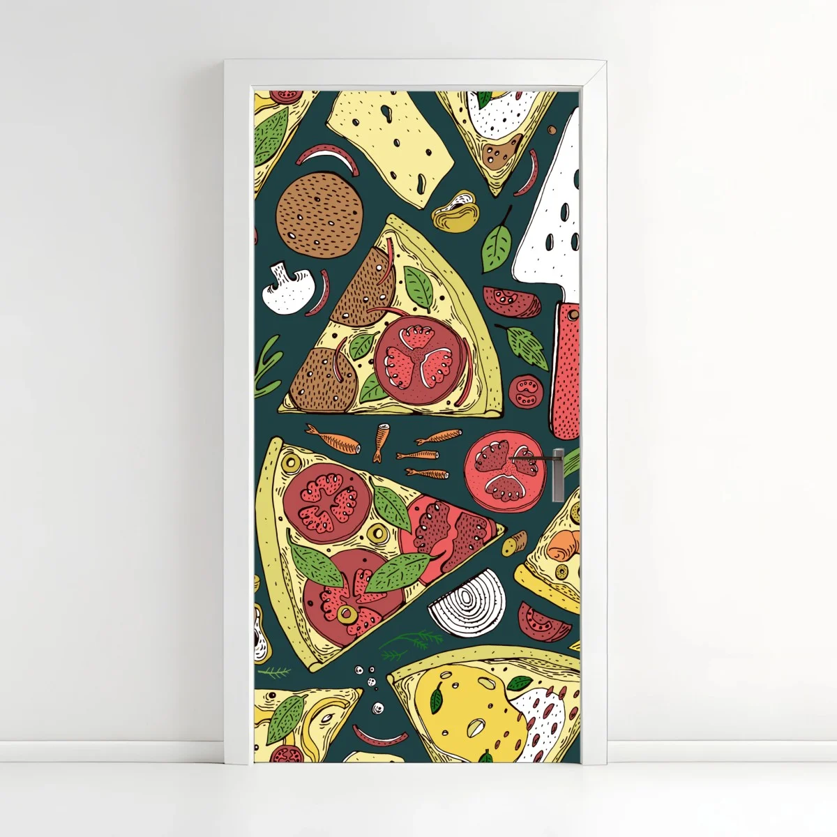 Pegatina para puerta patrón de pizzas ilustrado en colores vibrantes – Pixers® Pegatina para puerta patrón de pizzas ilustrado en colores vibrantes – Pixers®