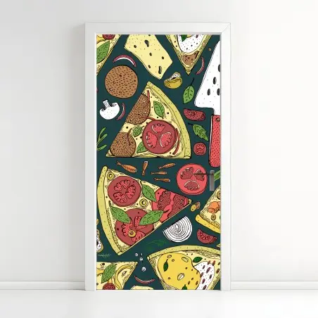 Pegatina para puerta patrón de pizzas ilustrado en colores vibrantes – Pixers®
