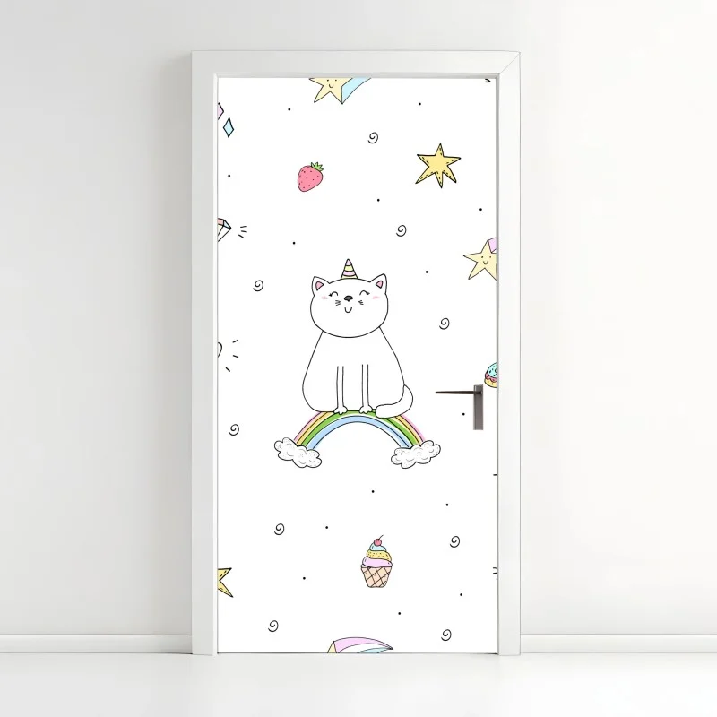 Pegatina para puerta patrón de gatos unicornio y arcoíris en estilo kawaii