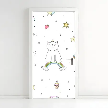 Pegatina para puerta patrón de gatos unicornio y arcoíris en estilo kawaii – Pixers®