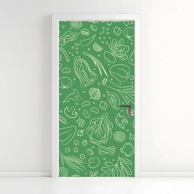 Pegatina para puerta diseño de verduras ilustradas sobre fondo verde