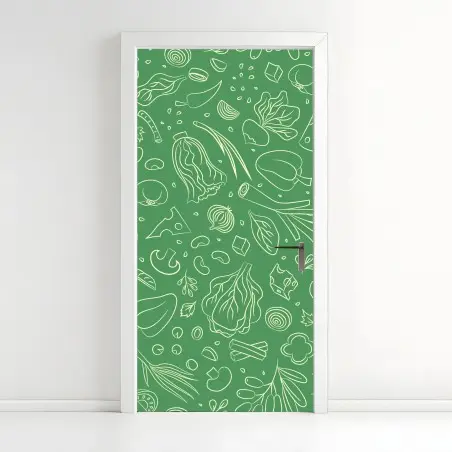 Pegatina para puerta diseño de verduras ilustradas sobre fondo verde – Pixers®