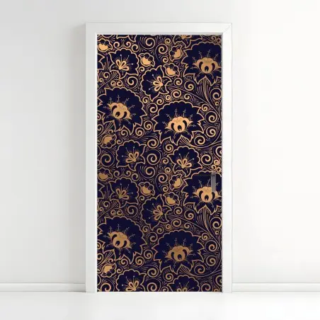 Pegatina para puerta patrón floral dorado sobre fondo azul marino – Pixers®