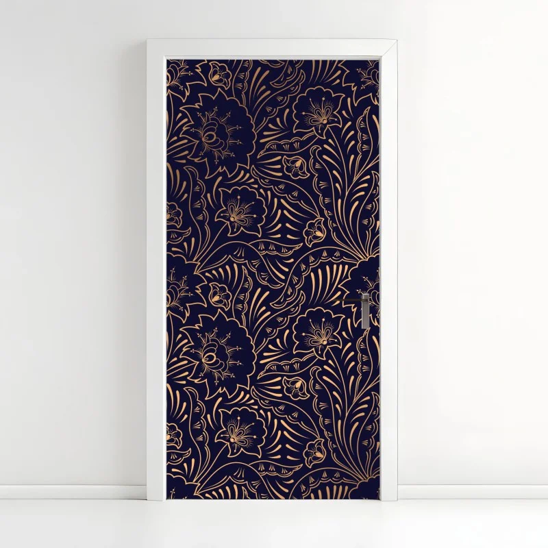 Pegatina para puerta diseño floral dorado sobre fondo azul marino