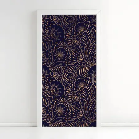 Pegatina para puerta diseño floral dorado sobre fondo azul marino – Pixers®