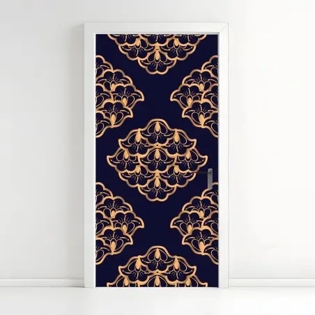 Pegatina para puerta patrón ornamental dorado sobre fondo azul marino – Pixers®