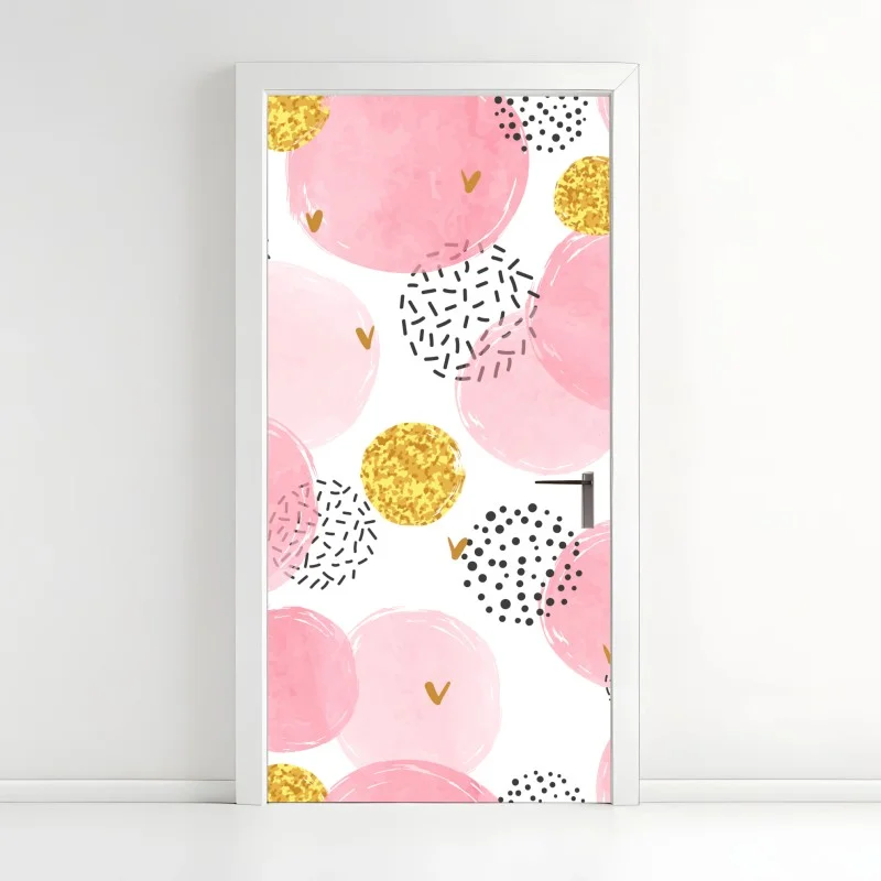 Pegatina para puerta patrón acuarela rosa con detalles dorados y corazones