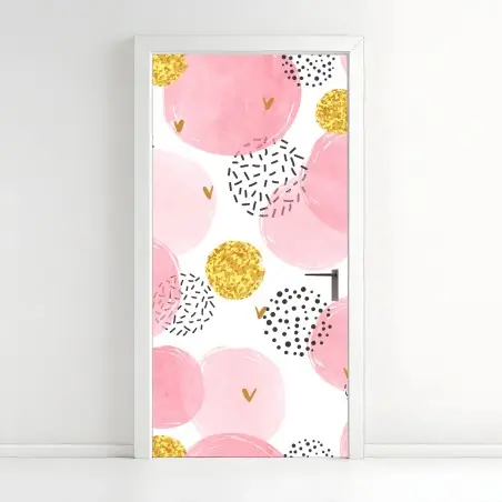 Pegatina para puerta patrón acuarela rosa con detalles dorados y corazones – Pixers®