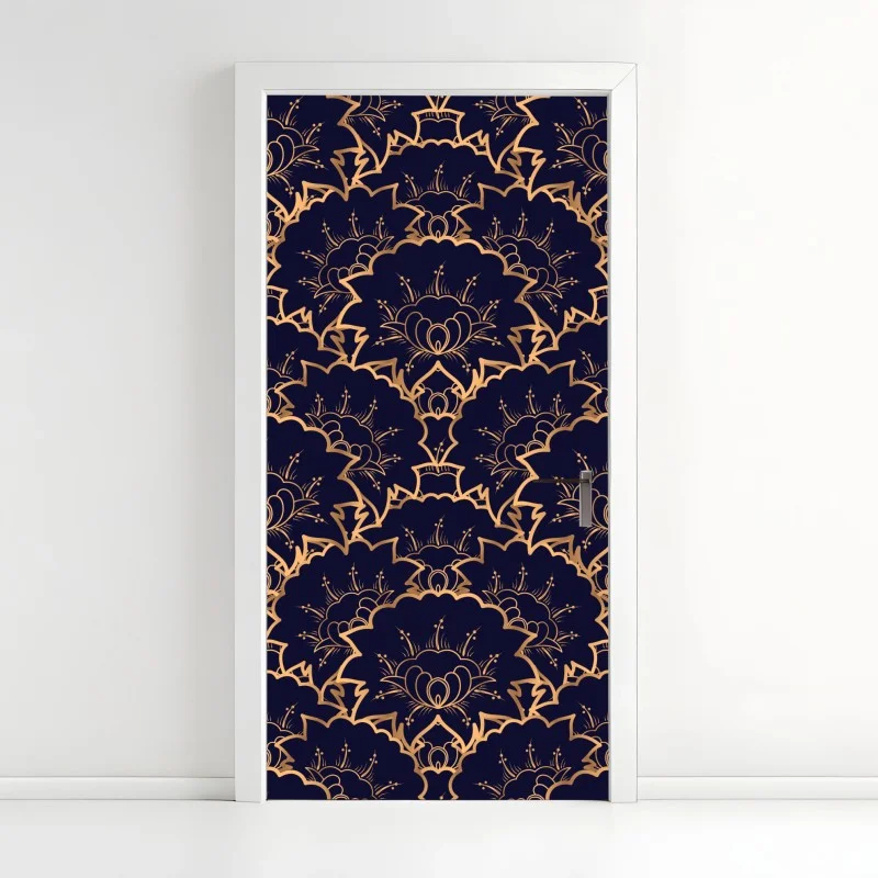 Pegatina para puerta patrón floral dorado sobre fondo azul marino