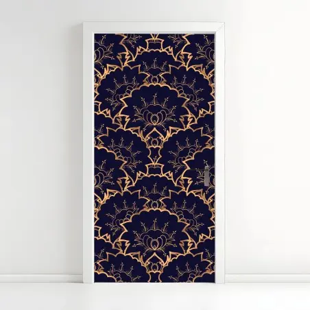 Pegatina para puerta patrón floral dorado sobre fondo azul marino – Pixers®