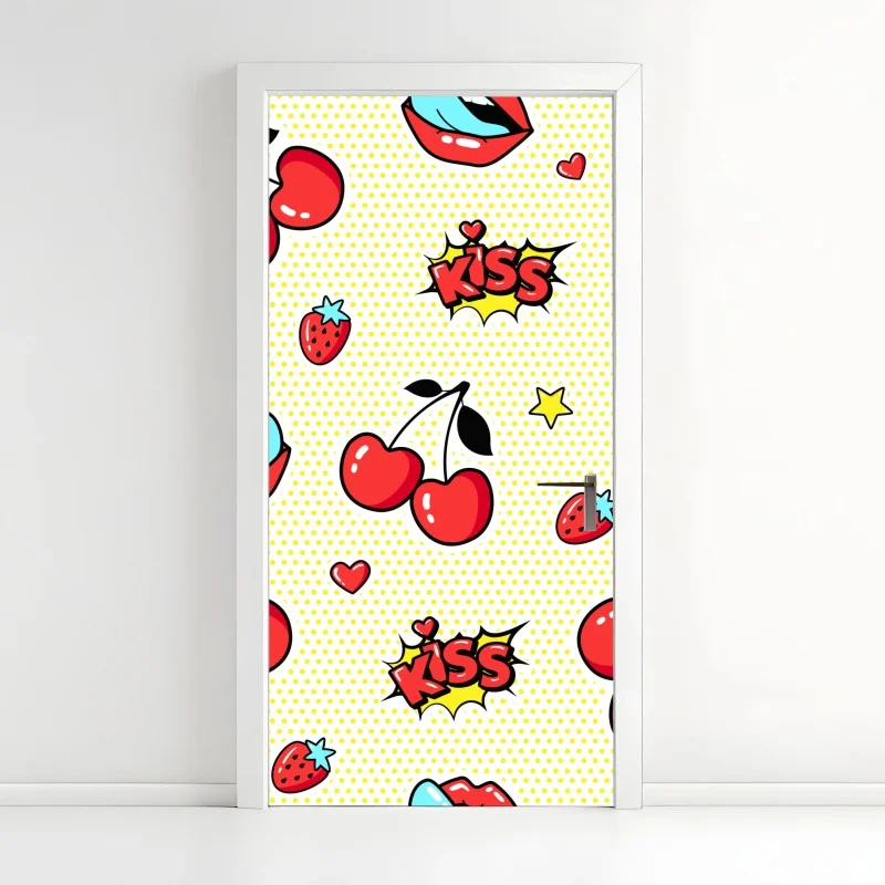 Pegatina para puerta diseño pop art con cerezas y labios