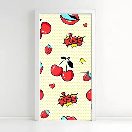 Pegatina para puerta diseño pop art con cerezas y labios – Pixers®
